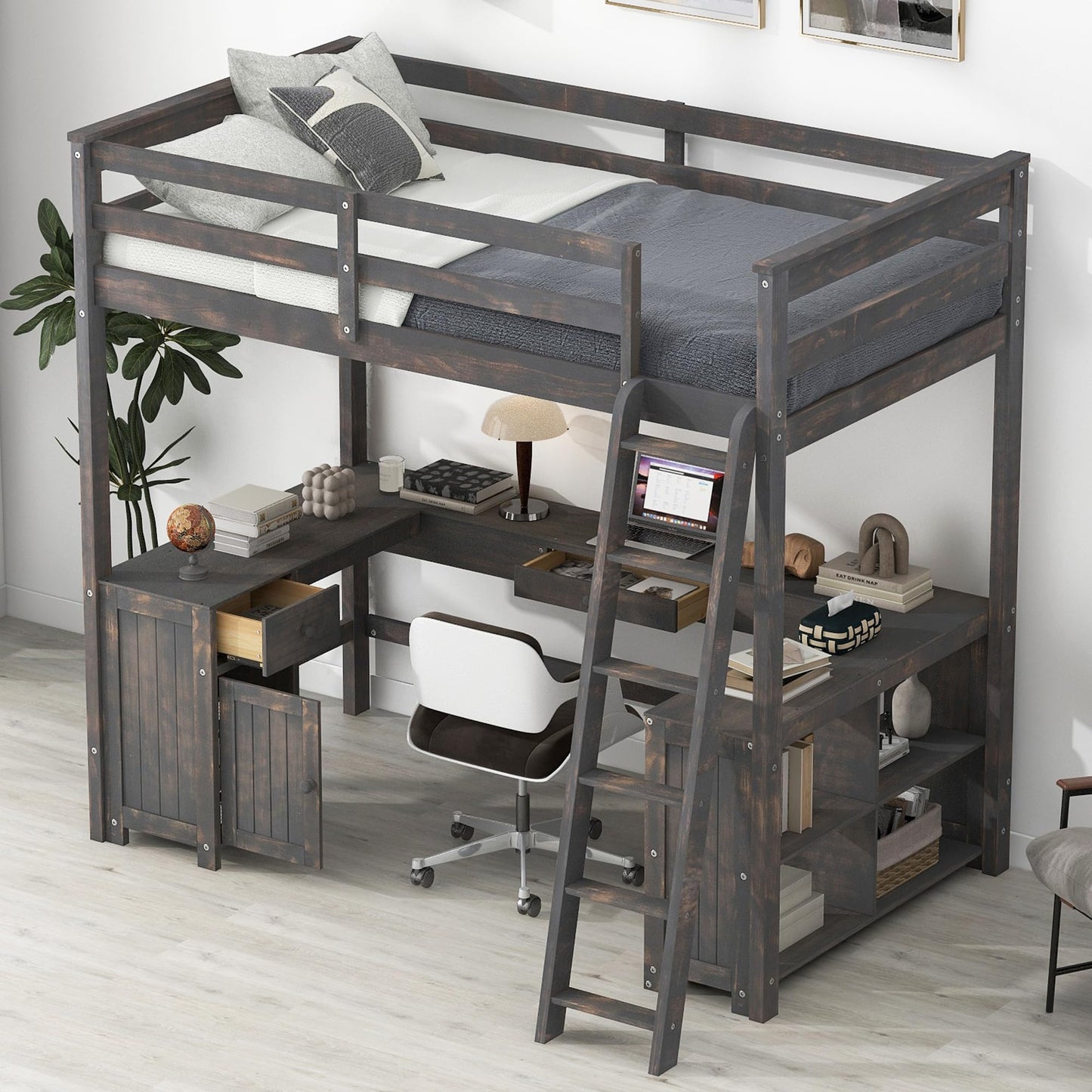 MiHunnor Antique Brown Full Size Loft Bed with U-Shaped Desk and Storage Solutions - WoodArtSupply