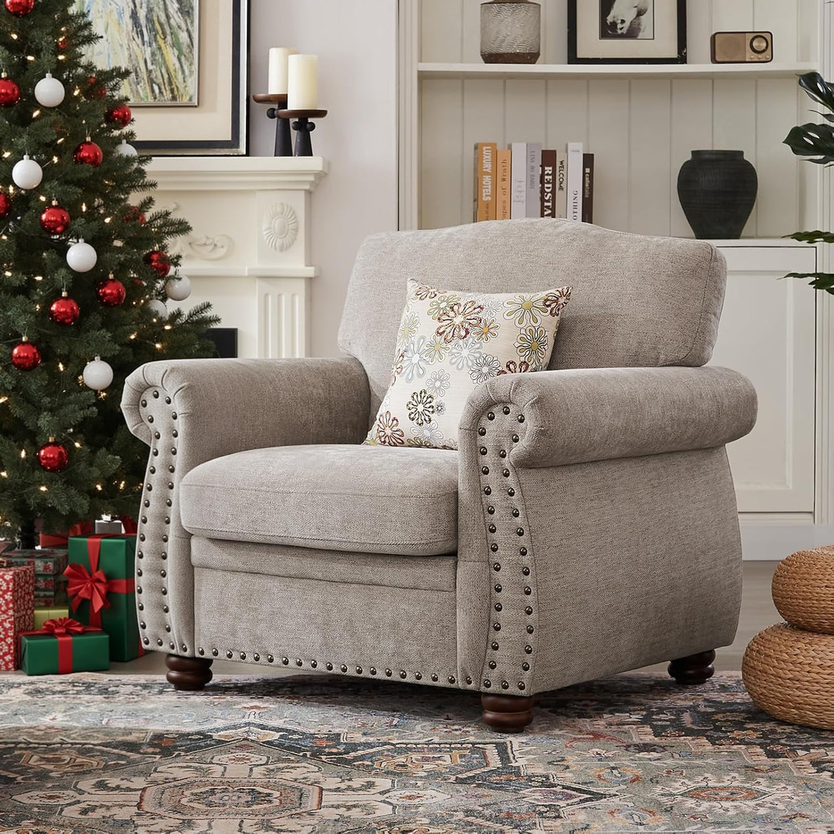 ONBRILL Nailhead Trim Armchair, Rolled Arm Accent Chair for Living Room, Comfy Chenille Club Sofa Chair w/Springs Cushions & Wood Legs, Traditional Single Couch Chair for Apartment, Farmhouse, Beige ONBRILL