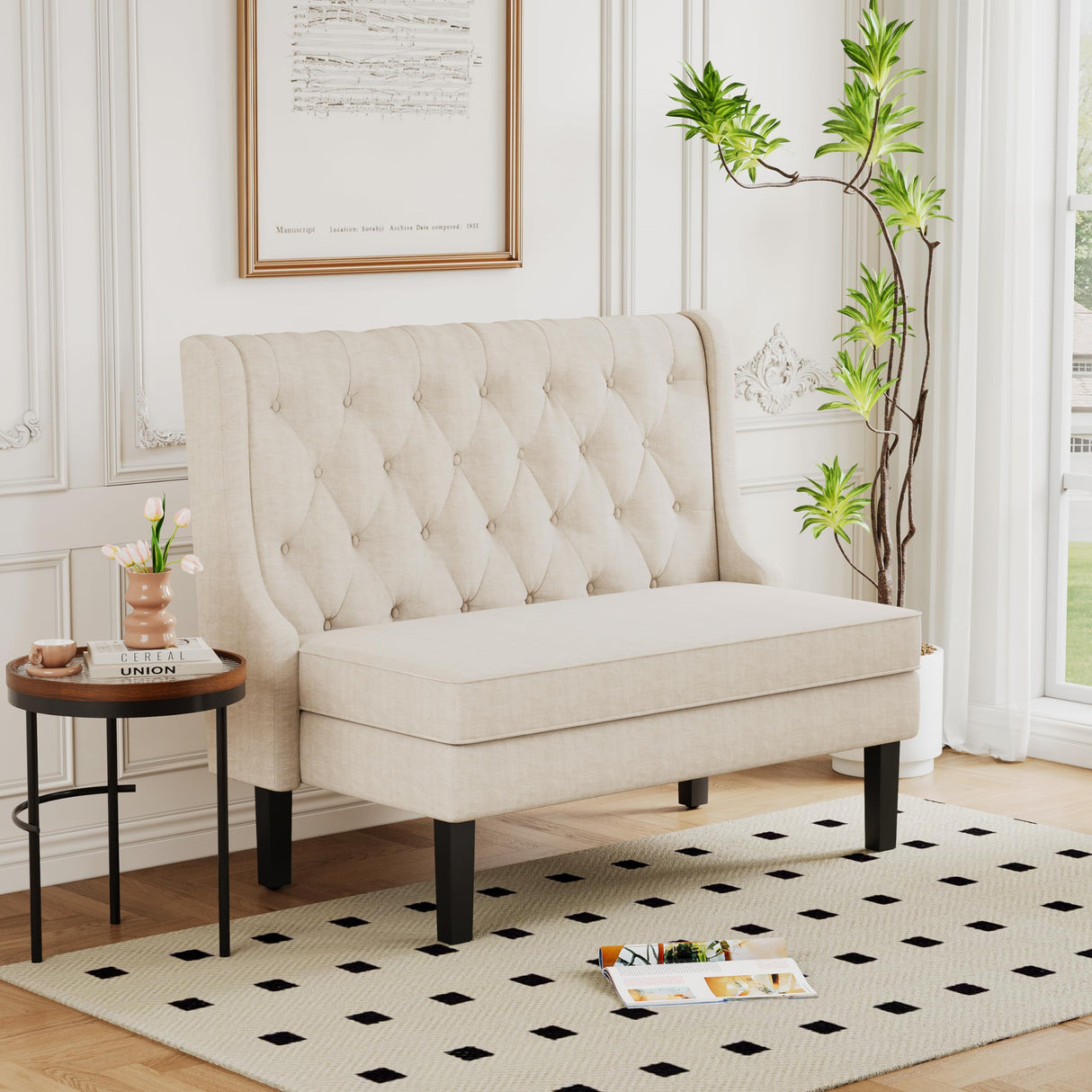 Andeworld Modern Tufted Loveaseat Settee Sofa Bench High Back with Arms Upholstered Couch for Dining Living Room Hallway or Entryway Seating,Beige Andeworld