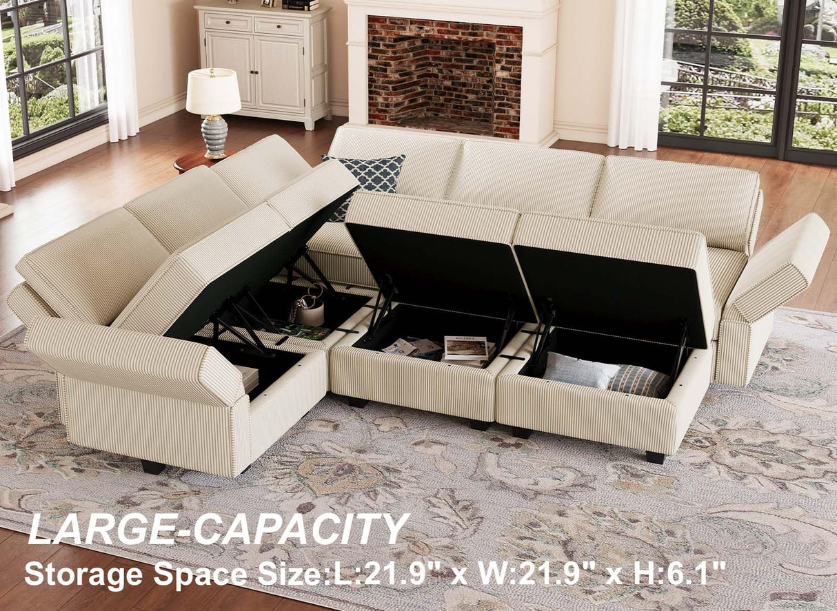 Belffin Modular Sectional Sofa with Storage Ottoman Seats, Corduroy Oversized Convertible Modular Sofa Bed Sectional Couch for Living Room, Beige Belffin