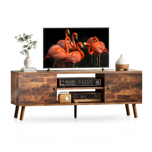 YSSOA TV Stand for 40 55 60 inch Living Room, 2 Cabinet Media Console Table, Entertainment Center with Storage, Soft Hinge Door with Handle, Wood Feet, Bedroom Furniture-Model Brown