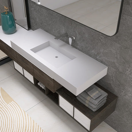 MEDUNJESS 47"X19" Stone Resin Wall Mounted Floating Sink, Bathroom Vanity with Sink,Solid Surface Bathroom Pedestal Sink Basin with No Faucet Hole and Pop-up Drain, Matte White MEDUNJESS