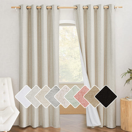 NICETOWN Natural 100% Blackout Linen Curtains 84 inch Long Burg for Living Room, 2 Panels, 52" Wide, Farmhouse Thick Completely Blackout Window Treatment Thermal Insulated Warm Drapes for Winter NICETOWN