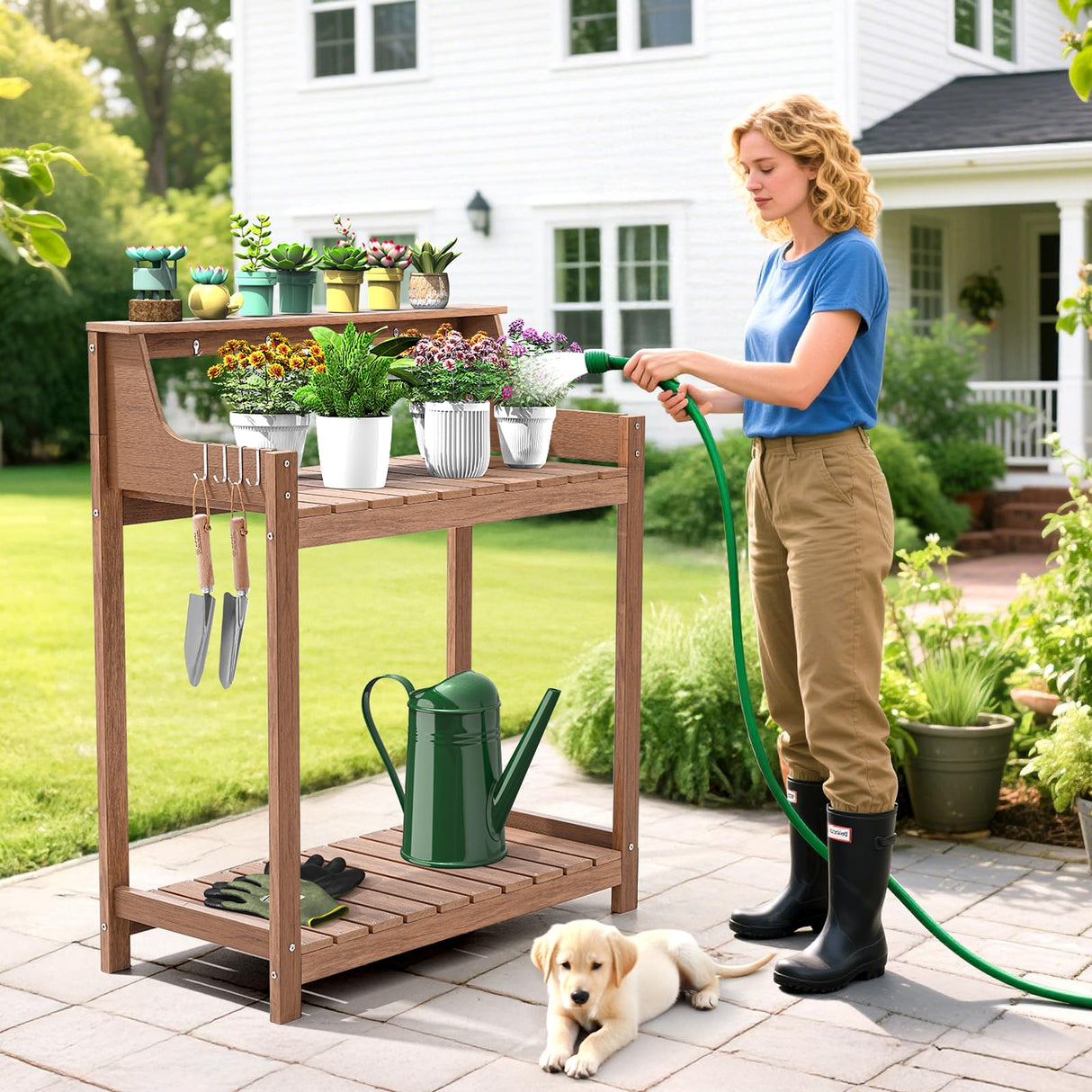 ONBRILL HDPS Potting Bench, All Weather Potting Table with 8 Hooks and Highten Tabletop, Easy Assembly Garden Work Bench, Outdoor Potting Benches for Outside Patio Lawn, 360LBS Capacity, Teak ONBRILL