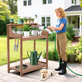 ONBRILL HDPS Potting Bench, All Weather Potting Table with 8 Hooks and Highten Tabletop, Easy Assembly Garden Work Bench, Outdoor Potting Benches for Outside Patio Lawn, 360LBS Capacity, Teak ONBRILL