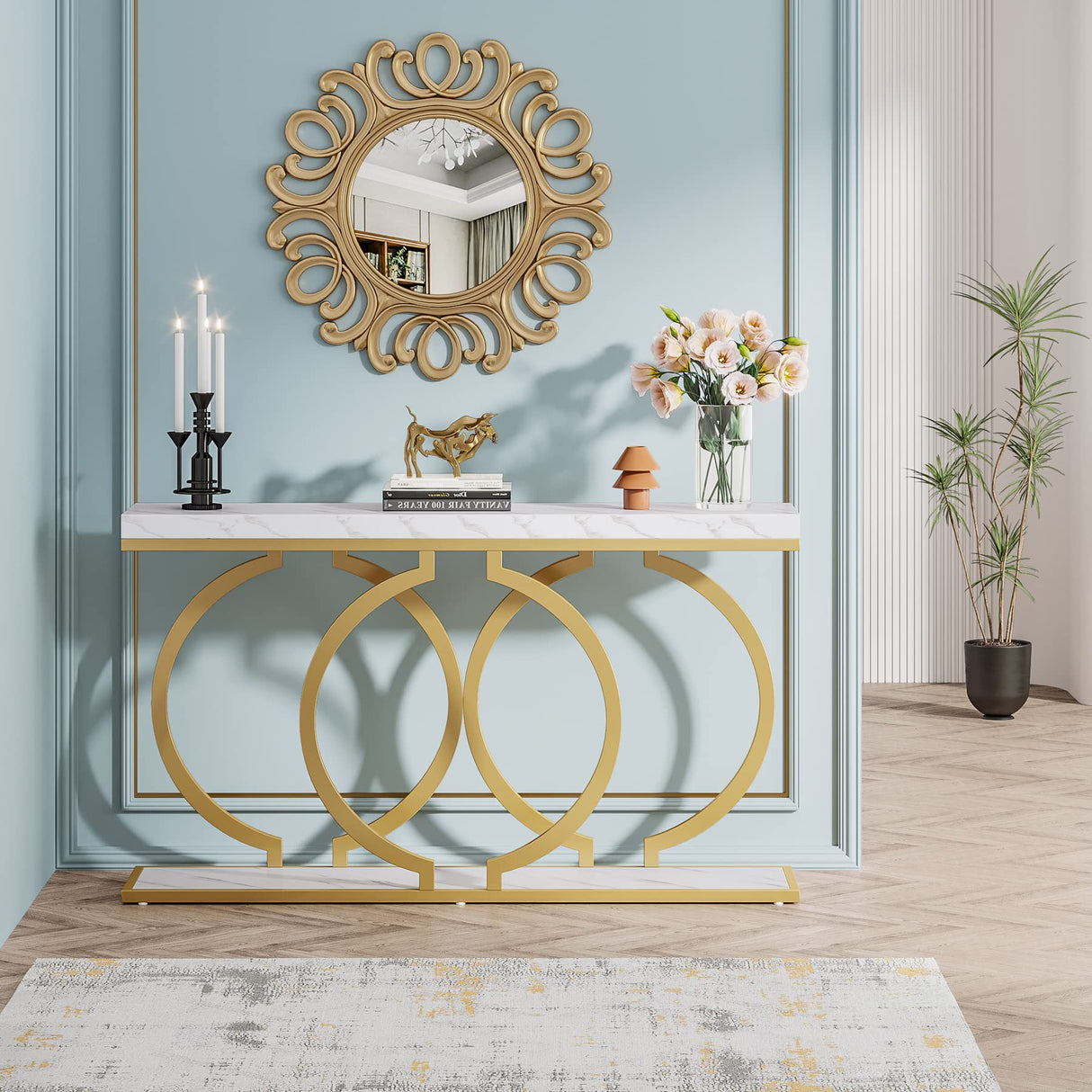 Tribesigns Gold Console Table, 55 inch Faux Marble Entryway Table Narrow Long Sofa Table, Modern Accent Table for Living Room, Entrance Table Geometric Metal Frame, White and Gold Tribesigns