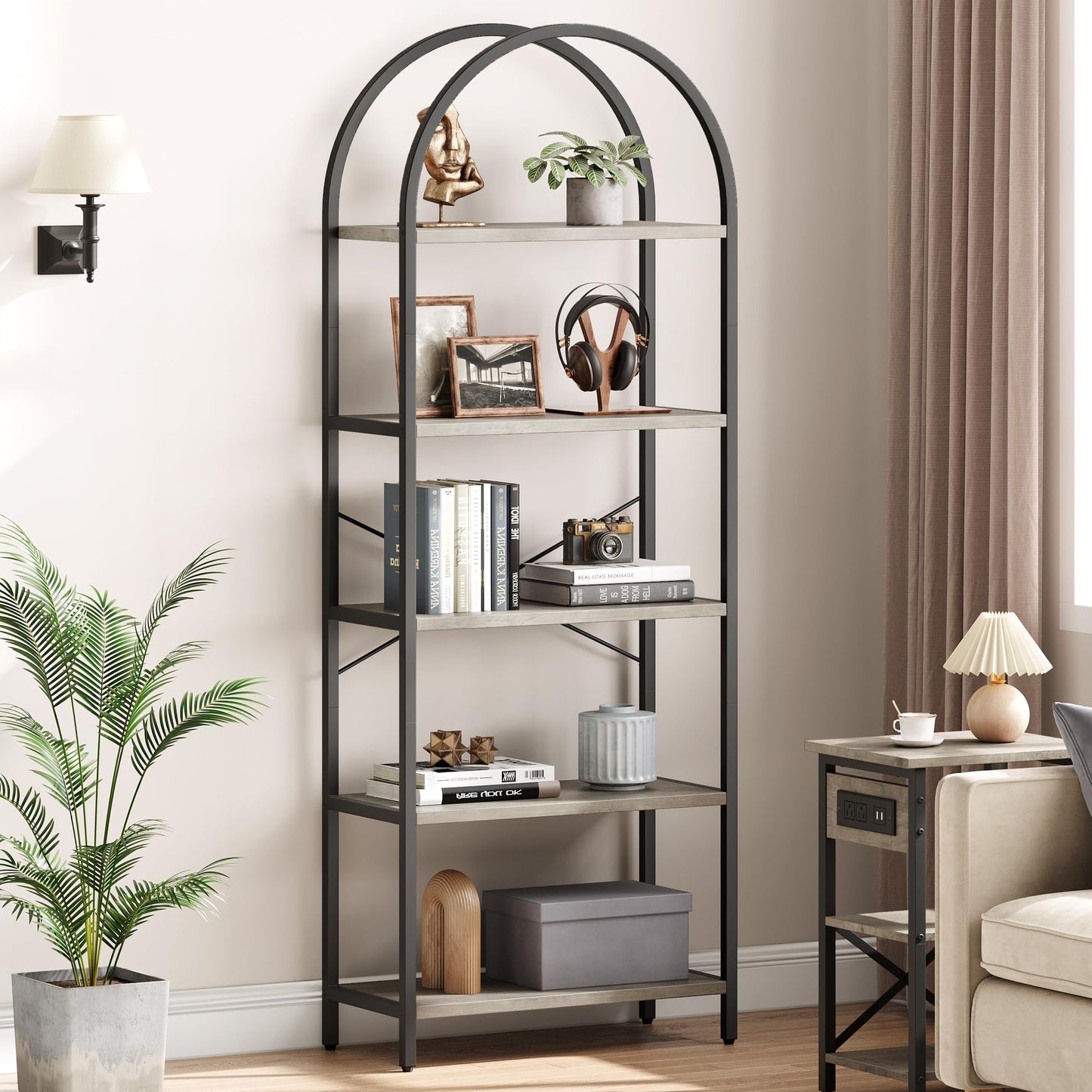 IDEALHOUSE 5-Tier Grey Bookshelf – Stylish Arched Display Rack for Home, Office, or Living Room Storage - WoodArtSupply