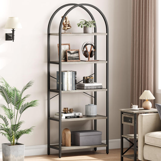 IDEALHOUSE 5-Tier Grey Bookshelf – Stylish Arched Display Rack for Home, Office, or Living Room Storage - WoodArtSupply