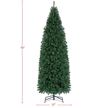 Yaheetech 9ft Pre-lit Artificial Christmas Tree with 500 Warm Lights Hinged Spruce Pencil with Foldable Stand Holiday Decoration Slim Tree, Green