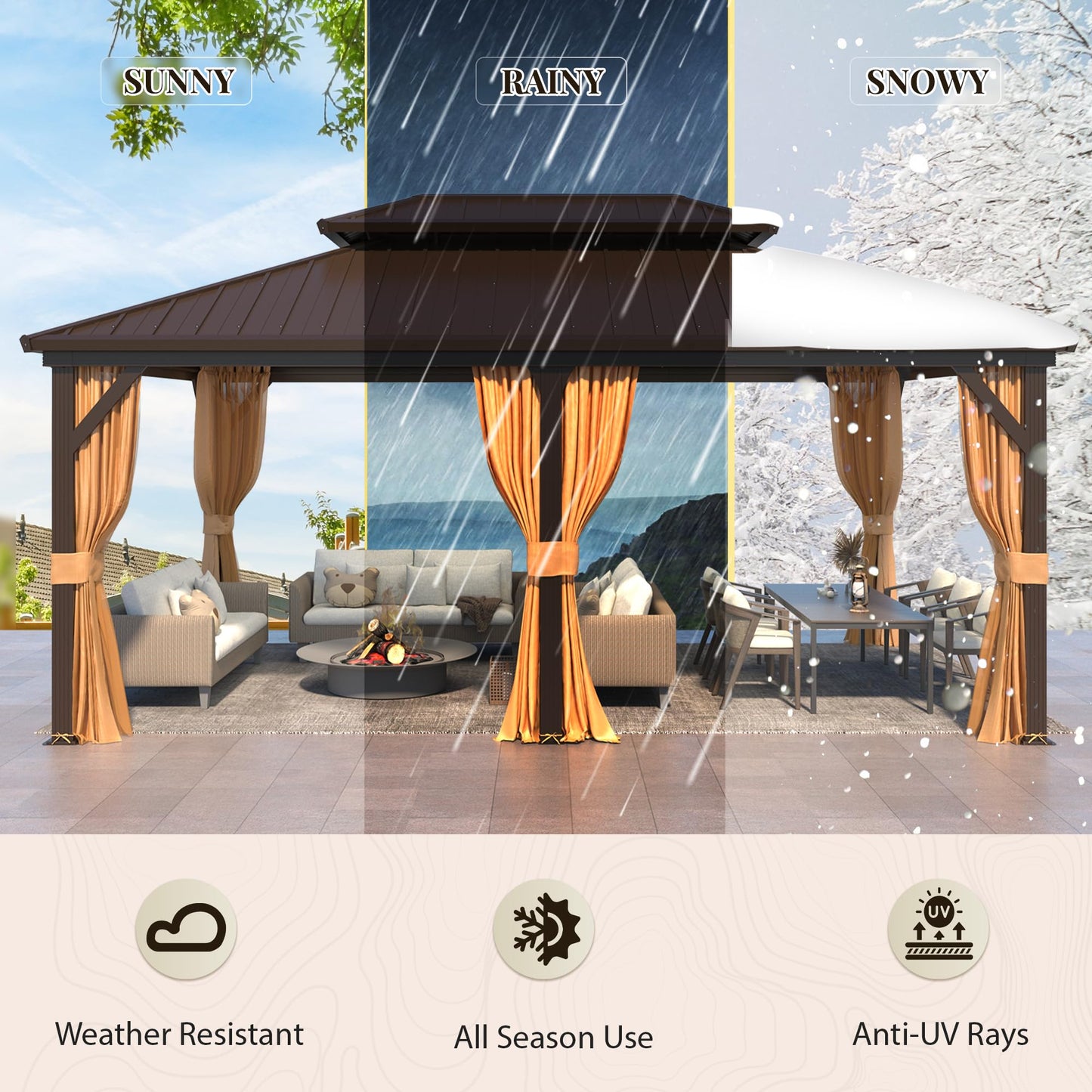 YOLENY 12' x 18' Gazebo, Hardtop Gazebo with Aluminum Frame, Double Galvanized Steel Roof, Curtains and Netting Included, Metal Gazebos Pergolas for Patios, Garden, Lawns, Parties