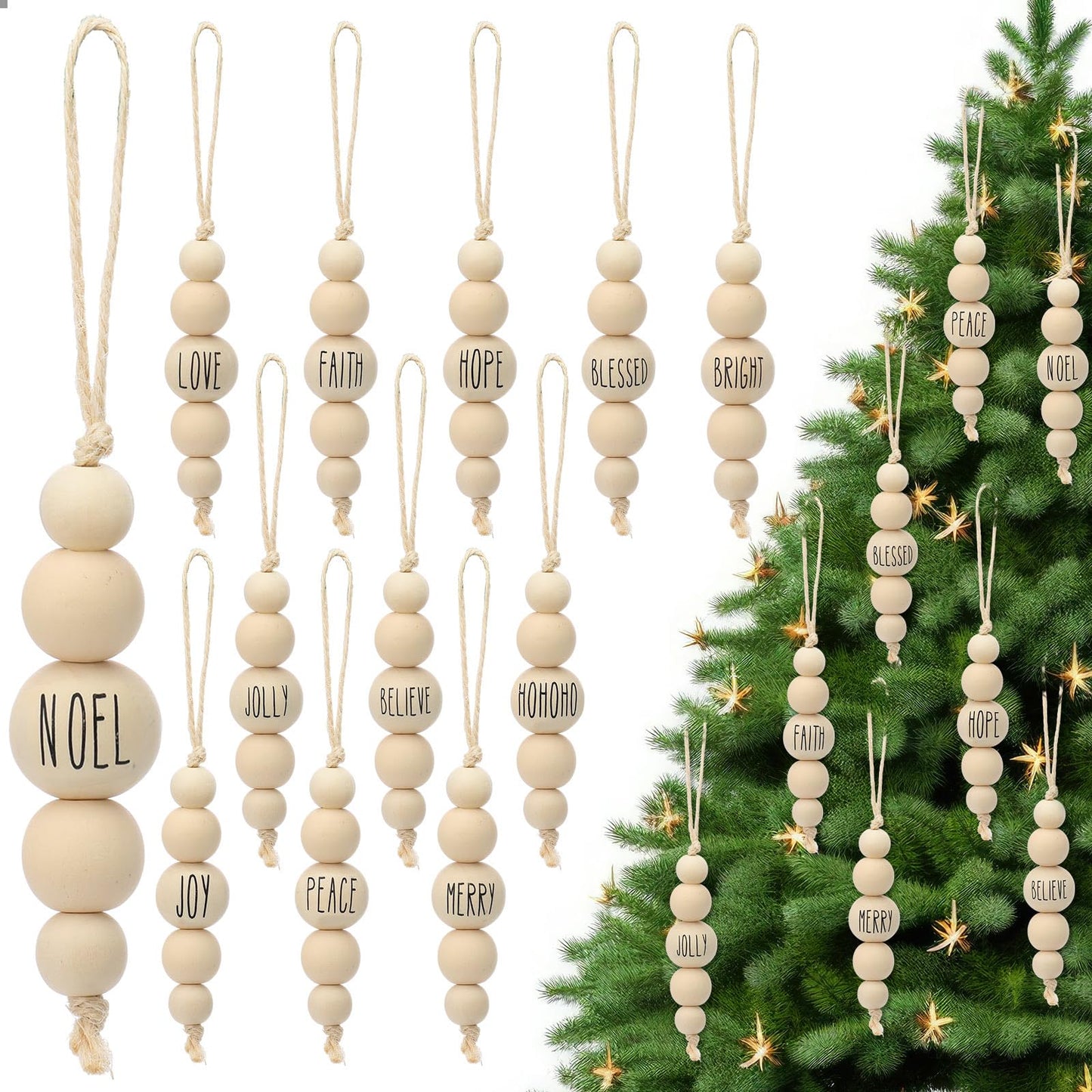 Loetere 24 Pcs Christmas Ornaments Farmhouse Wood Bead Ornament for Tree with Blessing Word Rustic Christmas Hanging Decorations Natural Wooden Beads for Xmas Tree Wall Tiered Tray (Boho)