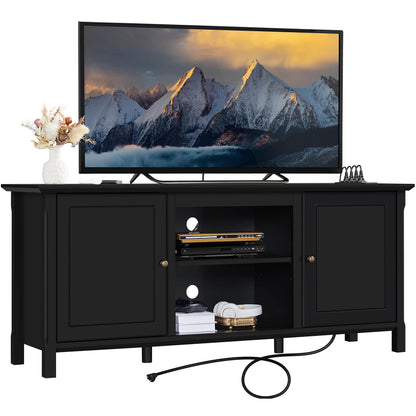 Yaheetech Black TV Stand with Power Outlet for TVs up to 65 in, Modern Media Entertainment Center with Doors & Storage Shelf, Wooden TV Console with 6 Robust Legs for Living Room - WoodArtSupply