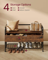 VASAGLE Shoe Storage Bench with Seating, Shoe Bench with Organizer Drawer, Industrial Style, Steel Frame, Holds Up to 600LB, for Entryway, Living Room, Bedroom, Rustic Brown and Ink Black, ULSB151K01 VASAGLE