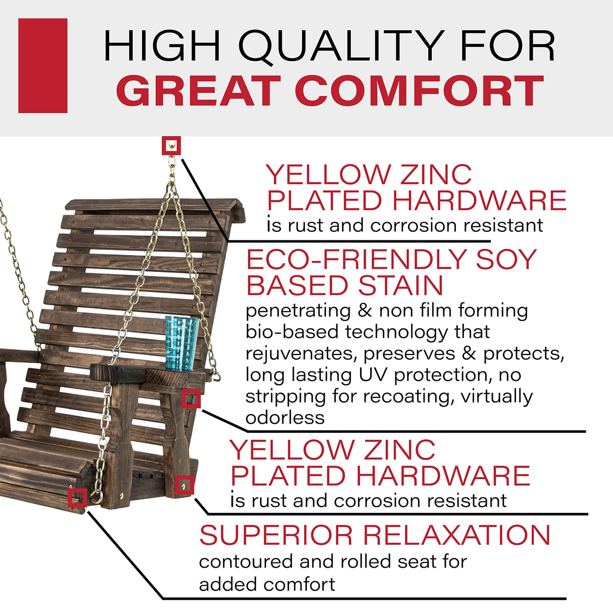 Amish Casual Heavy Duty Roll Back Pressure Treated Swing Chair with Cupholders (Dark Walnut Stain) Amish Casual