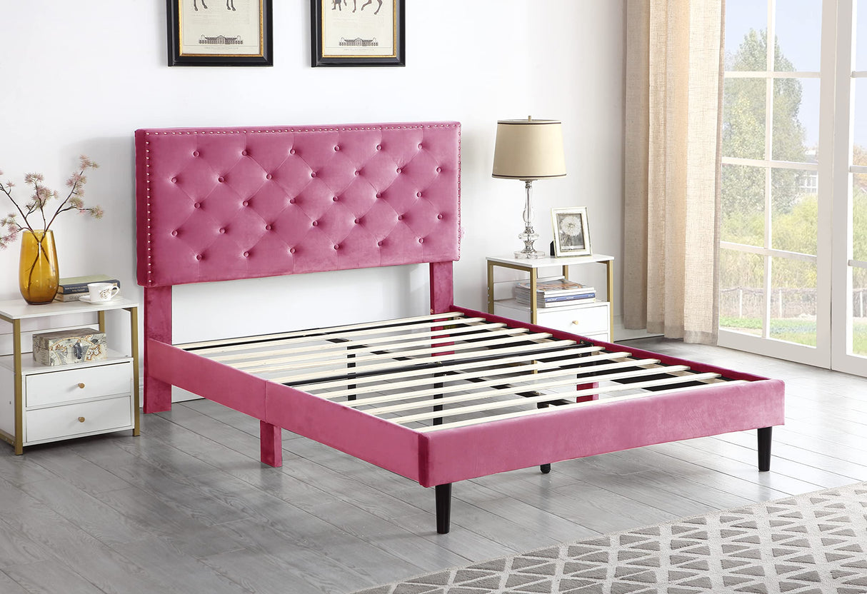 Full Upholstered Platform Bed Frame with 48" Tall Adjustable Headboard - Button Tufted Suede Velour Bed- Wood Slat Support with Storage Space - No Box Spring Needed - Pink - OLIVER & SMITH - Princeton OLIVER & SMITH SINCE 1921