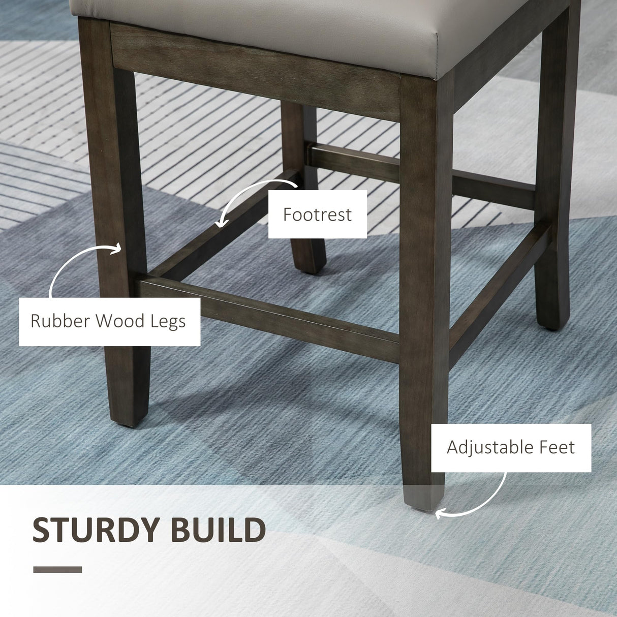 HOMCOM Set of 2 Grey PU Leather Counter Height Bar Stools with Back and Wood Legs HOMCOM