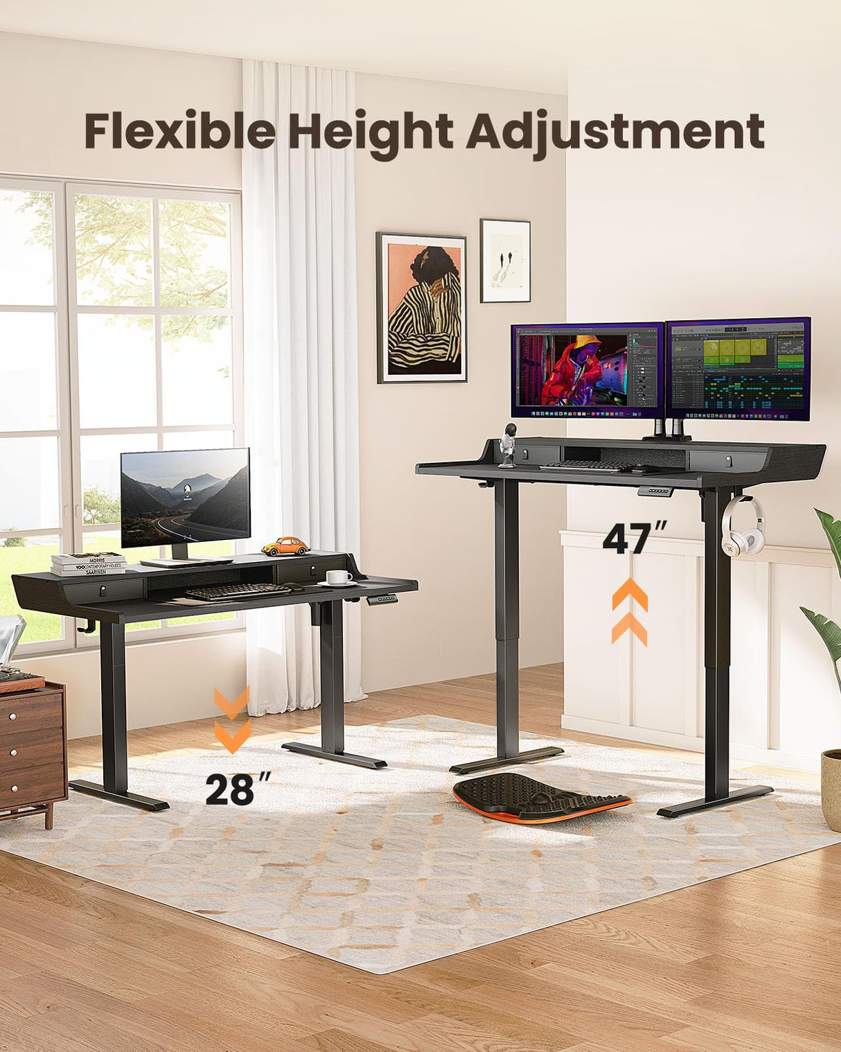 ErGear Electric Standing Desk with Drawers, 55″ x 28″ Gaming Desk with Monitor Stand, C-Clamp Mount Compatible, Home Office Height-Adjustable Desk with Storage Shelf, 4 Preset Heights, Black, EGESD37B ErGear
