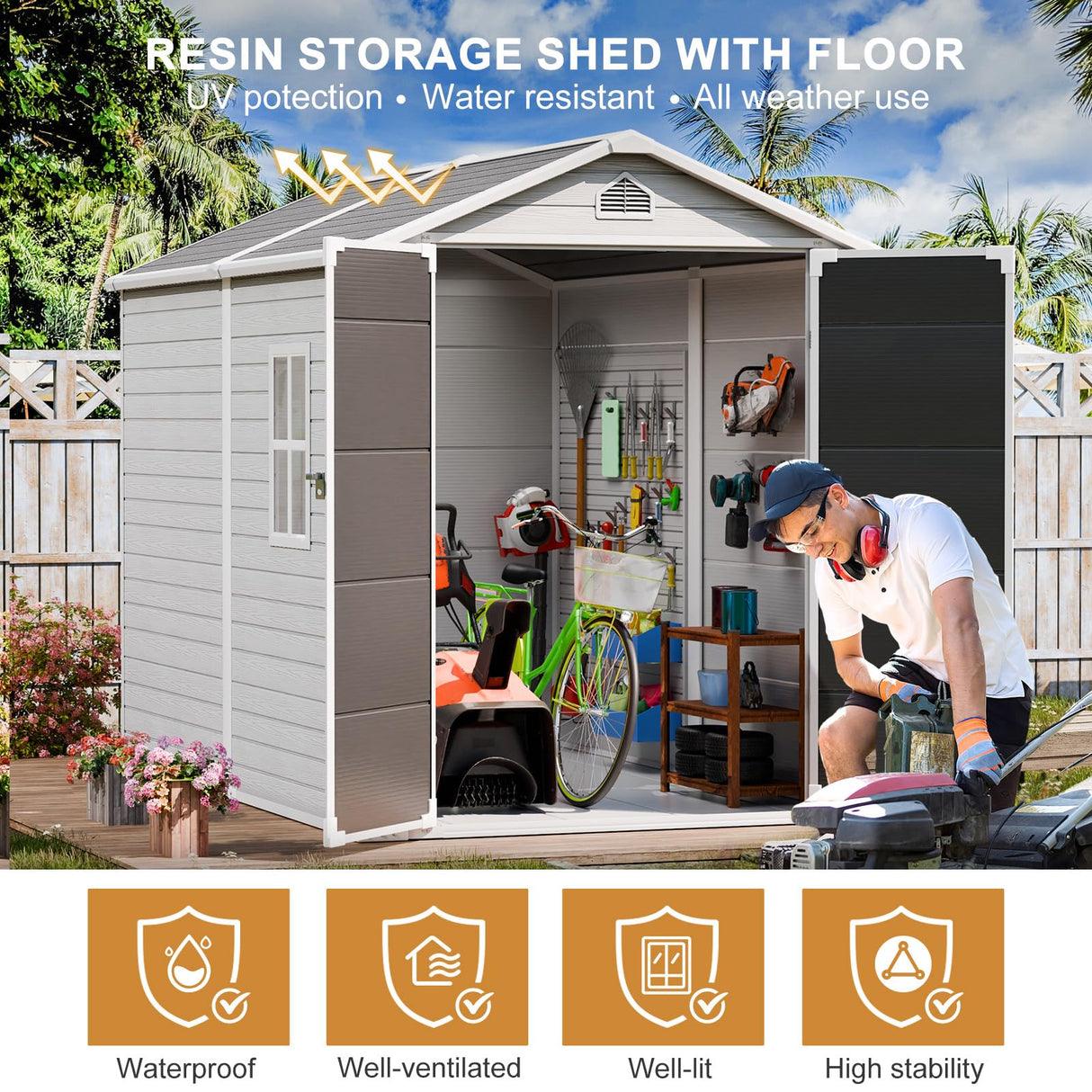 Outdoor Resin Storage Shed with Floor Included 8x6 FT, Large Waterproof Plastic Outside Sheds with Window Lockable Door for Garden Backyard Patio Lawn Tools, Gray WELYAS