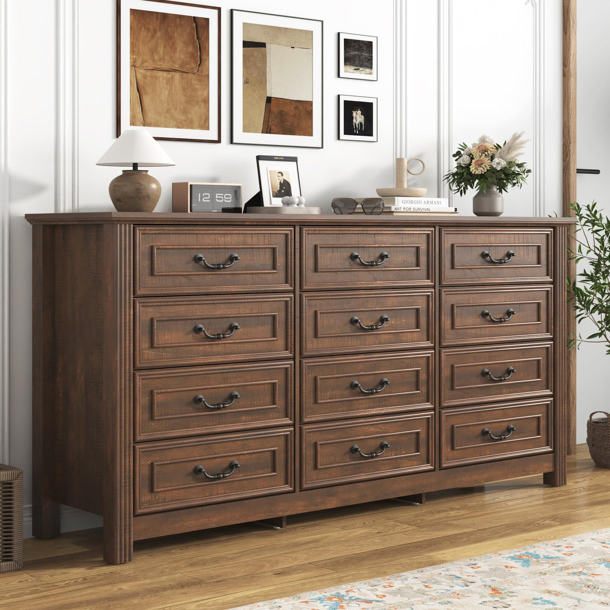 chartustriable Farmhouse 12 Drawer Dresser for Bedroom, 63” Wood Dresser & Chest of Drawers with Rustic Handles, Wide Closet Dresser Organizer, Living Room, Hallway, Bedroom Furniture, Rustic Brown chartustriable