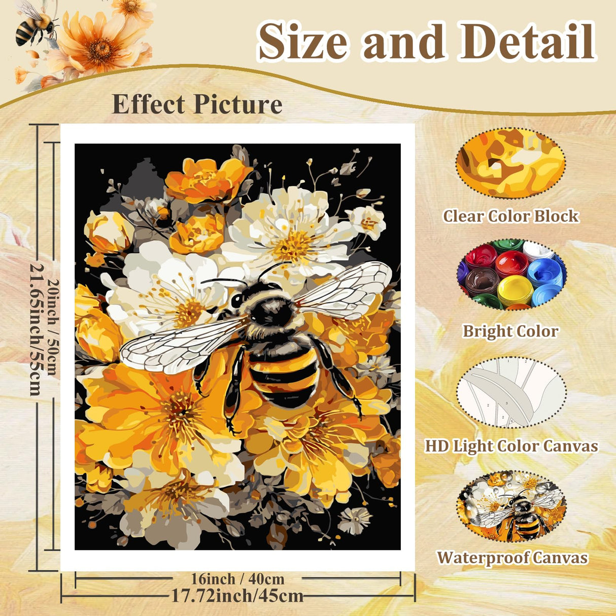 HMZephitiquc Bee Paint by Numbers Kit for Adults Beginners, Adult Paint by Number Kits on Canvas Bee, Easy DIY Craft Painting by Numbers Home Wall Decor 16x20 in HMZephitiquc