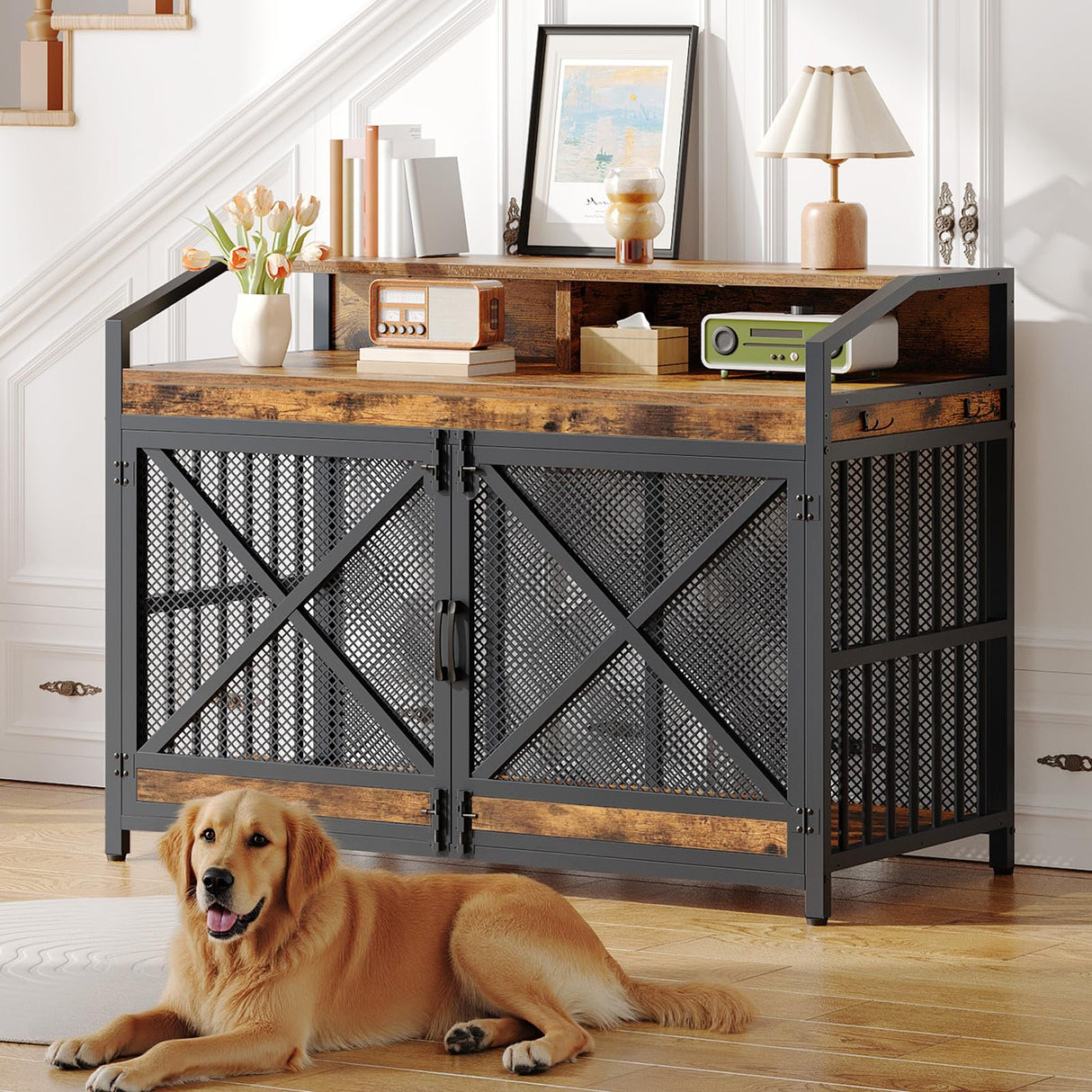 HOOBRO 43.3" Large Dog Crate Furniture with LED Lights, Heavy Duty Dog Kennel Indoor with Storage Shelves, Wooden Crate End Table for Large Medium Dogs, Rustic Brown and Black BF89DGW03 HOOBRO