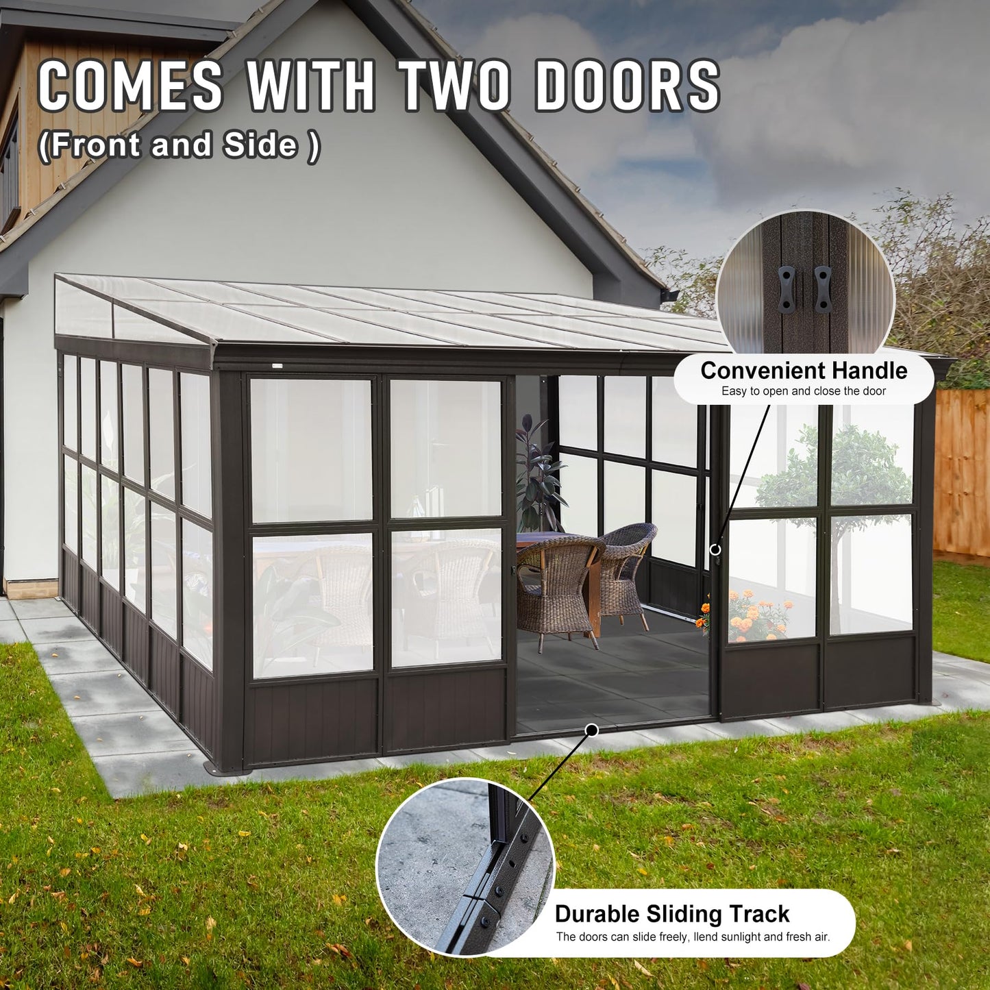 Domi Lean-to Sunroom 12x14FT, Wall Mounted Solarium with Sloping Polycarbonate Roof, Detachable Polycarbonate Screens, 2 Lockable Sliding Doors, Aluminum Gazebo Against Wall Sun Room for Pati - WoodArtSupply