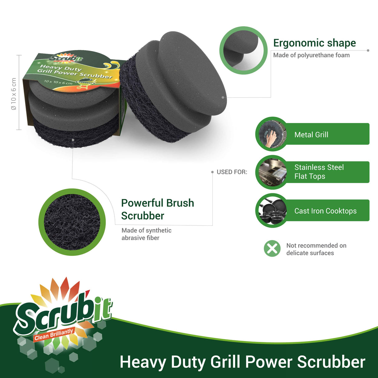 SCRUBIT Grill Cleaning Brush - Grill Sponge Bristle Free BBQ Cleaner with Heavy Duty Scrubber Pad, Safe Cast Iron and Griddle Scraper Pads, Ideal Accessories for Charcoal and Gas Grills - 2 Pack SCRUBIT