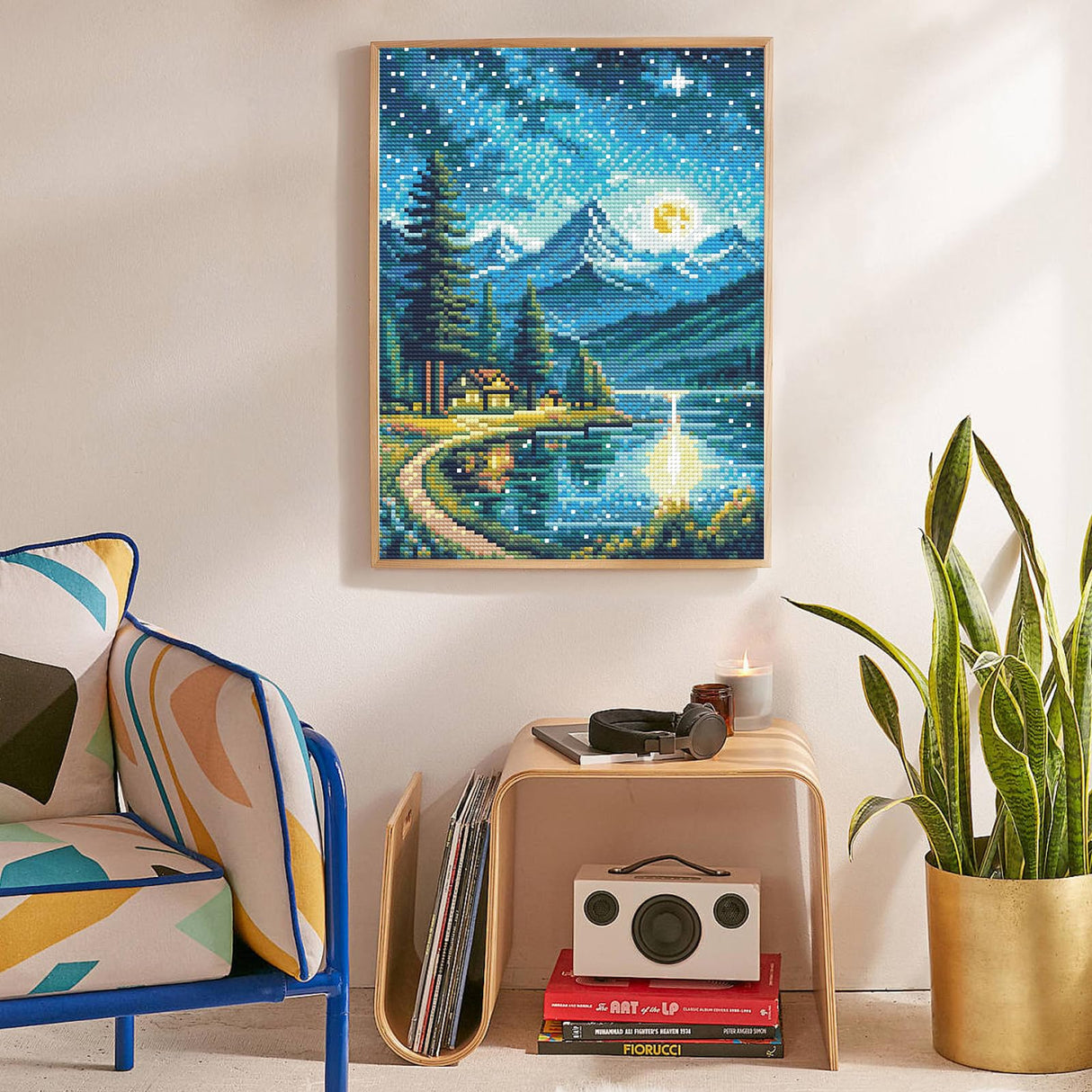 Offito Mountains Moon Lake Diamond Art Kits for Adults, Lakeside Villages Diamond Painting Kits for Beginners, Starry Sky Landscape DIY Full Drill Dots Gem Art Paint for Home Wall Decor 12 x 16 Inch Offito