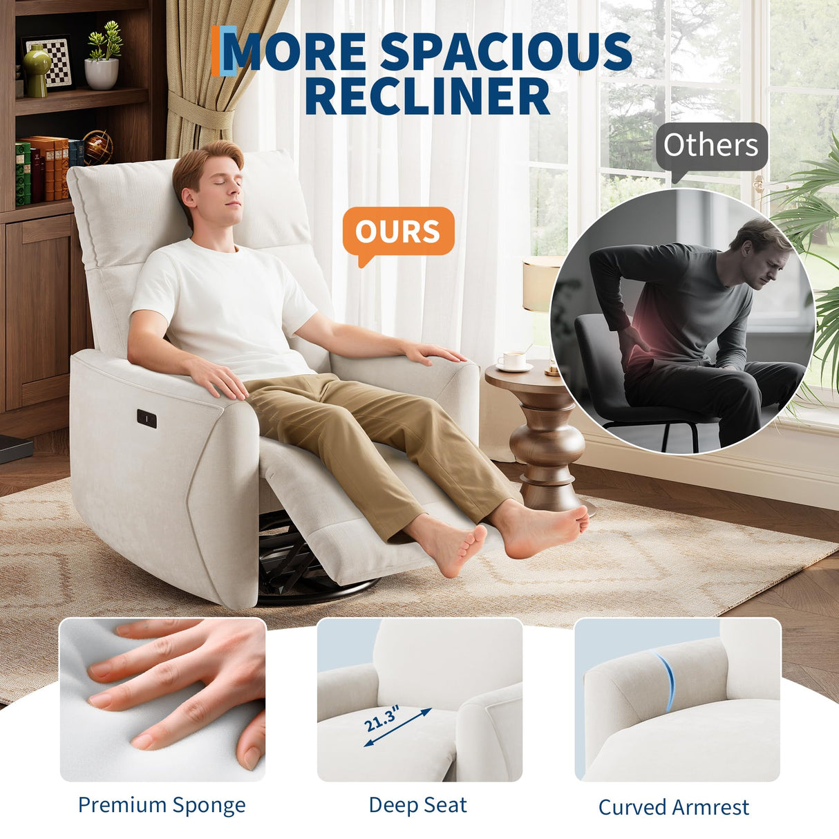 GarveeHome Power Recliner Chair, 270° Swivel Rocking Glider with USB Charging Port, Soft Chenille Upholstered Fabric, Ergonomic Modern Nursery Chair for Living Room, Bedroom, Nursery (Beige) GarveeHome