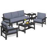 SERWALL HDPE Patio Furniture Set, 7-Piece Outdoor Sectional Sofa Set, All Weather Outdoor Couch Set for Deck, Lawn, Black Frame with Grey Cushion SERWALL