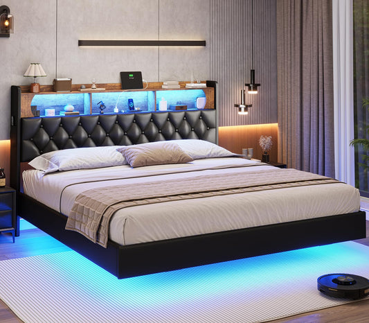 ADORNEVE Floating Bed Frame King Size with RGB LED Lights Headboard, Outlets and USB Ports, PU Leather Upholstered Platform Bed with Storage Headboard,Solid Wood Slats Support,PU Black