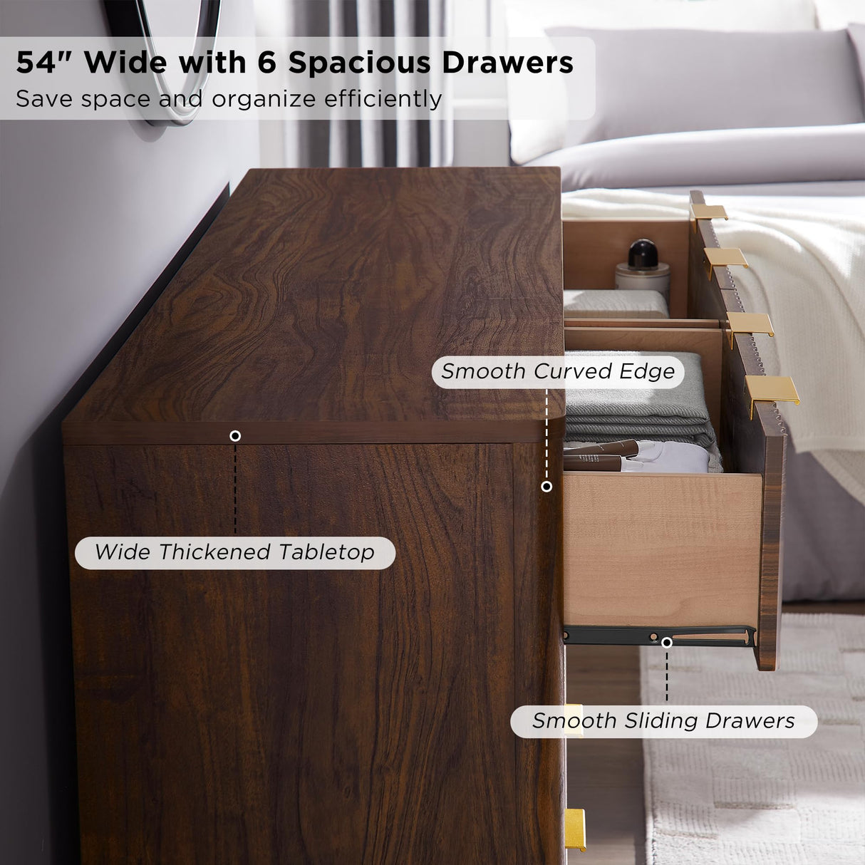 T4TREAM Fluted 6 Drawers Dresser, 54" Wide Modern Chest of Drawers, Curved Profile Design, Dresser TV Stand, Wood Drawer Organizer for Bedroom, Living Room, Hallway, Dark Walnut T4TREAM