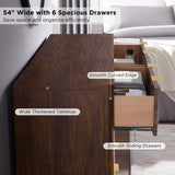T4TREAM Fluted 6 Drawers Dresser, 54" Wide Modern Chest of Drawers, Curved Profile Design, Dresser TV Stand, Wood Drawer Organizer for Bedroom, Living Room, Hallway, Dark Walnut T4TREAM
