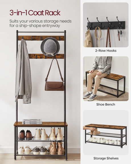 VASAGLE Coat Rack, Hall Tree with Shoe Storage Bench, Entryway Bench with Shoe Storage, 3-in-1, Steel Frame, for Entryway, 12.6 x 27.6 x 69.8 Inches, Industrial, Rustic Brown and Black UHSR41BX VASAGLE