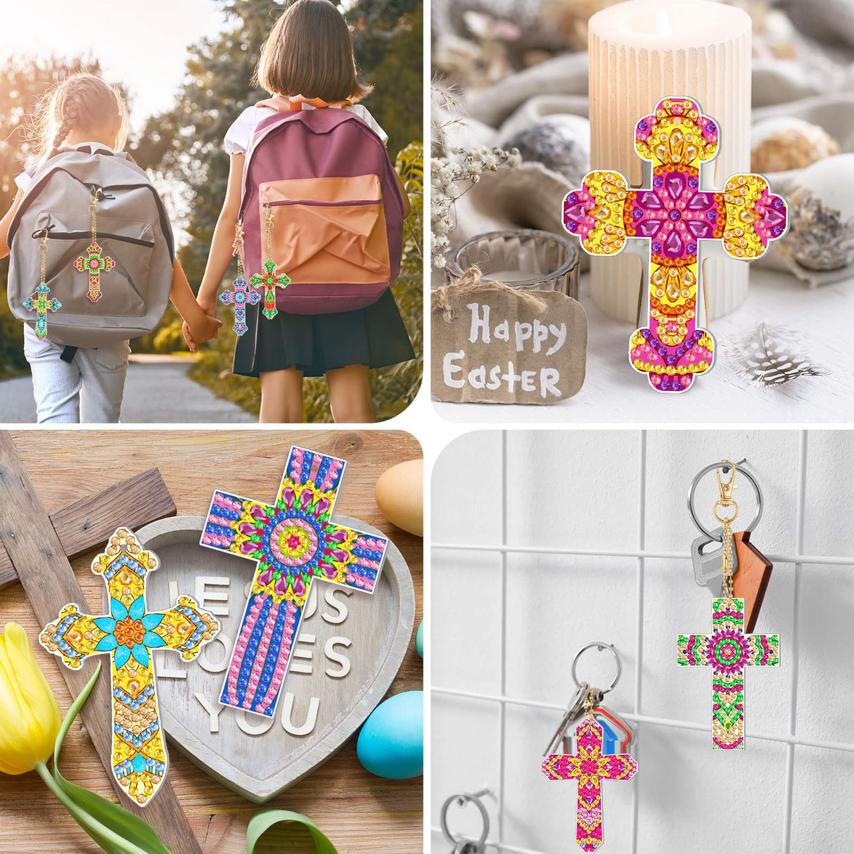 Glenmal 12 Pcs Easter Diamond Painting Keychains Cross Diamond Art Keychains Kits for Adults Religious Crosses Ornaments 5D Key Chain Christian Rhinestones Bookmarks Key Rings for DIY Crafts Gifts Glenmal