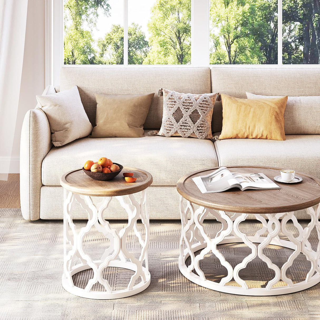 karlott Farmhouse End Table, 18.5'' French Country Round Side Table, Distressed Tray Top Side Table with Curved Motif Frame Base for Boho, End Tables Living Room, Bedroom, Small Space, Easy Assembly karlott