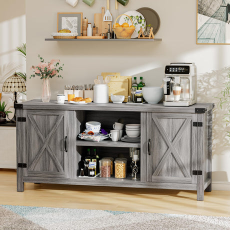 YESHOMY Farmhouse Buffet & Sideboard, 58" Kitchen Storage Cabinet with Adjustable Shelves & Doors, Wood Coffee Bar for Living Room, Entryway, Gray Washed YESHOMY
