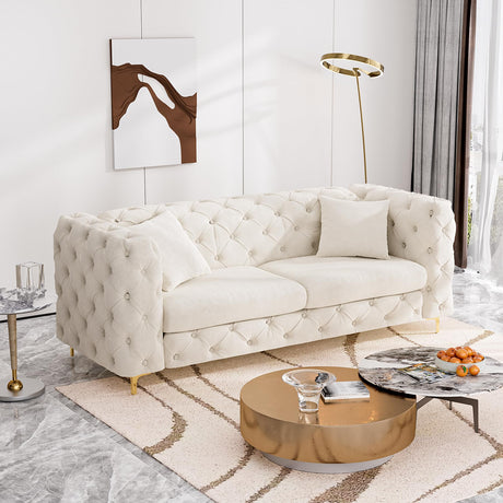 DAMAIFROM 75" Sofa Couch Mid Century Modern Velvet Couch Tufted Button Sofa High Armrest & Metal Gold Legs Luxury Chesterfield Decor with 2 Piilows Comfy Loveseat for Living Room, Beige White DAMAIFROM
