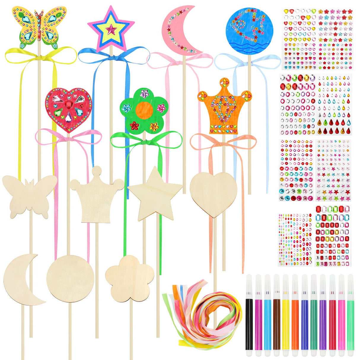 SAYAYA 77 PCS DIY Fairy Wand Craft Kit for Kids, 7 Styles Unfinished Wooden Princess Wands, 8 Gem Stickers, 12 Color Ribbons & Pen, Magical Party Supplies for Birthday Celebrations, Craft Activities SAYAYA