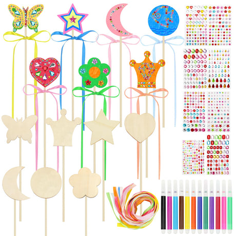 SAYAYA 77 PCS DIY Fairy Wand Craft Kit for Kids, 7 Styles Unfinished Wooden Princess Wands, 8 Gem Stickers, 12 Color Ribbons & Pen, Magical Party Supplies for Birthday Celebrations, Craft Activities SAYAYA
