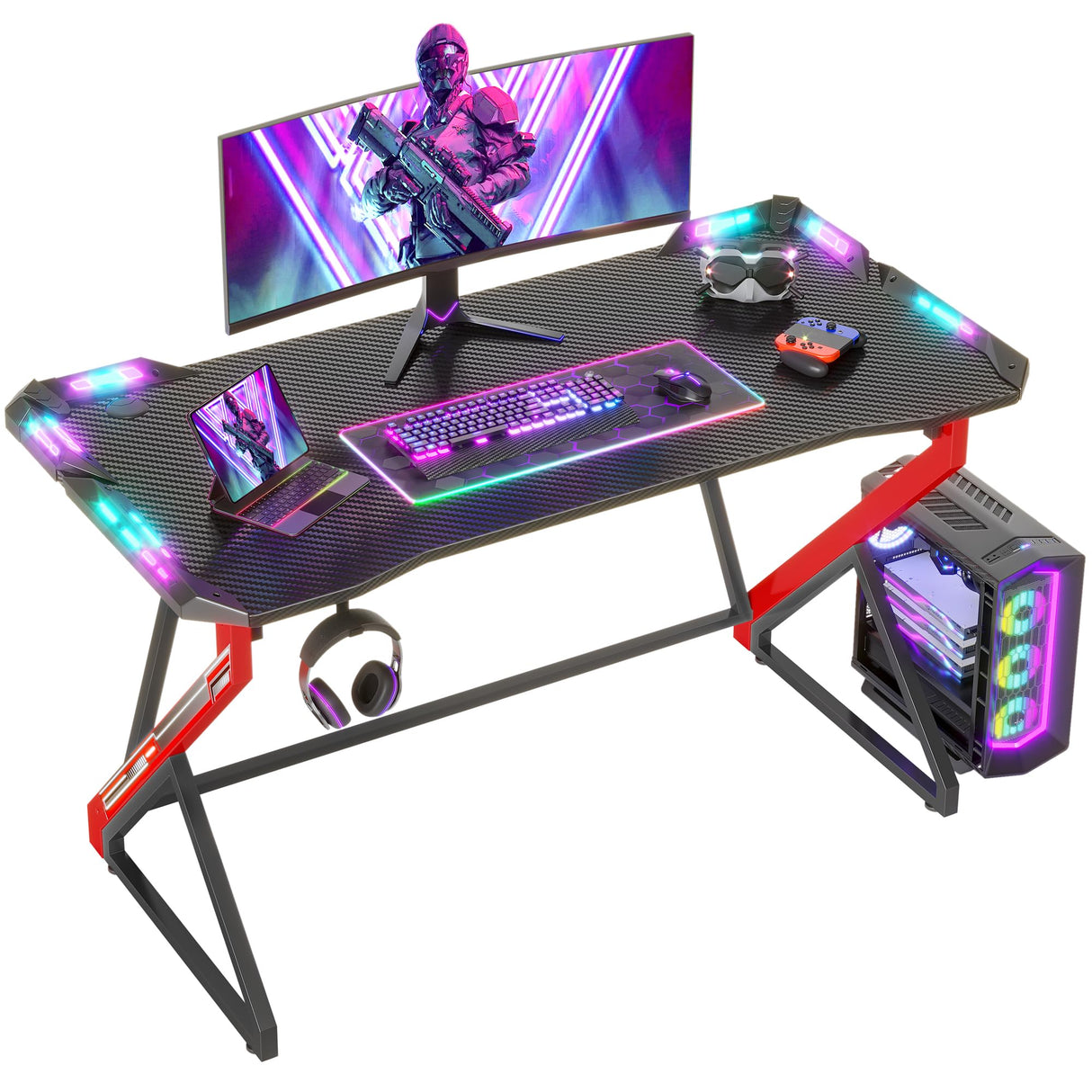 TIQLAB Small Gaming Desk with LED Lights, 40 Inch Computer Desk for Home Small Space, Gaming Table with Carbon Fiber Surface, PC Gamer Desk for Kids Boys Men, Black TIQLAB