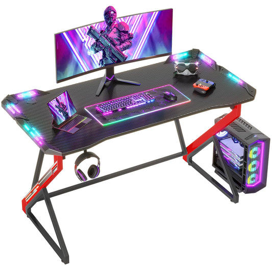 TIQLAB Small Gaming Desk with LED Lights, 40 Inch Computer Desk for Home Small Space, Gaming Table with Carbon Fiber Surface, PC Gamer Desk for Kids Boys Men, Black - WoodArtSupply