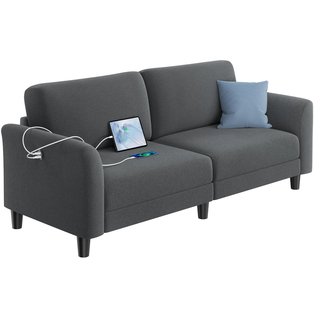 Yaheetech 67" W Loveseat Sofa Fabric Sofa Couch with 2 USB Charger Ports Mid-Century Modern 2 Seater Couch for Living Room, Bedroom, Apartment Dark Gray Yaheetech