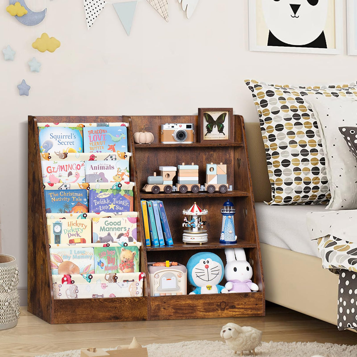 Lerliuo 4 Tier Kids Bookshelf and Storage Organizer, Five Layer Sling Children Bookcase, Baby Toddler Wooden Book Shelf, Display Cabinet for Playroom, Bedroom, Classroom, Nursery, School (Brown) Lerliuo