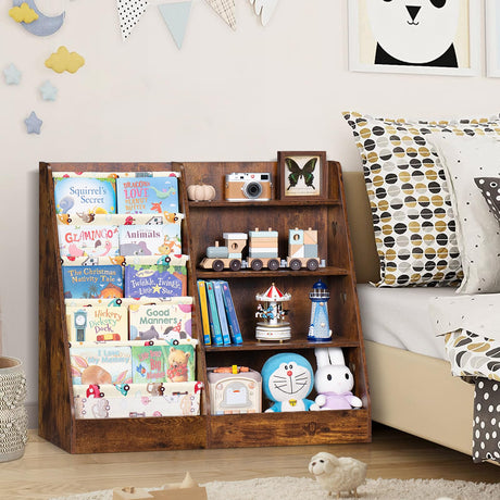 Lerliuo 4 Tier Kids Bookshelf and Storage Organizer, Five Layer Sling Children Bookcase, Baby Toddler Wooden Book Shelf, Display Cabinet for Playroom, Bedroom, Classroom, Nursery, School (Brown) Lerliuo