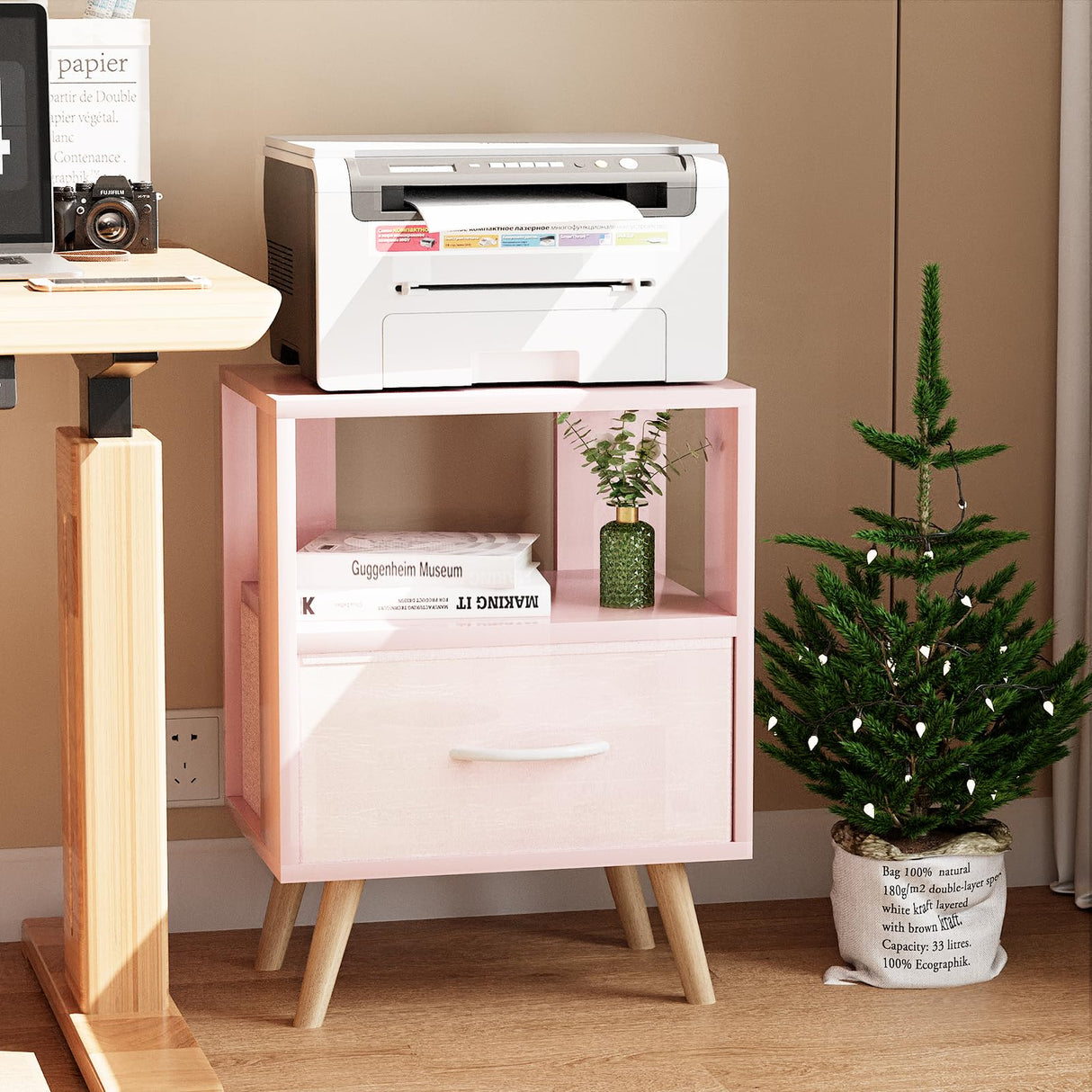 Aenuert Night Stand, Pink Kids Nightstand with Drawer, Nursery Side Table with Open Storage, 2-Tier Modern End Table, Bedside Table for Small Space, Living Room, Bedroom Aenuert