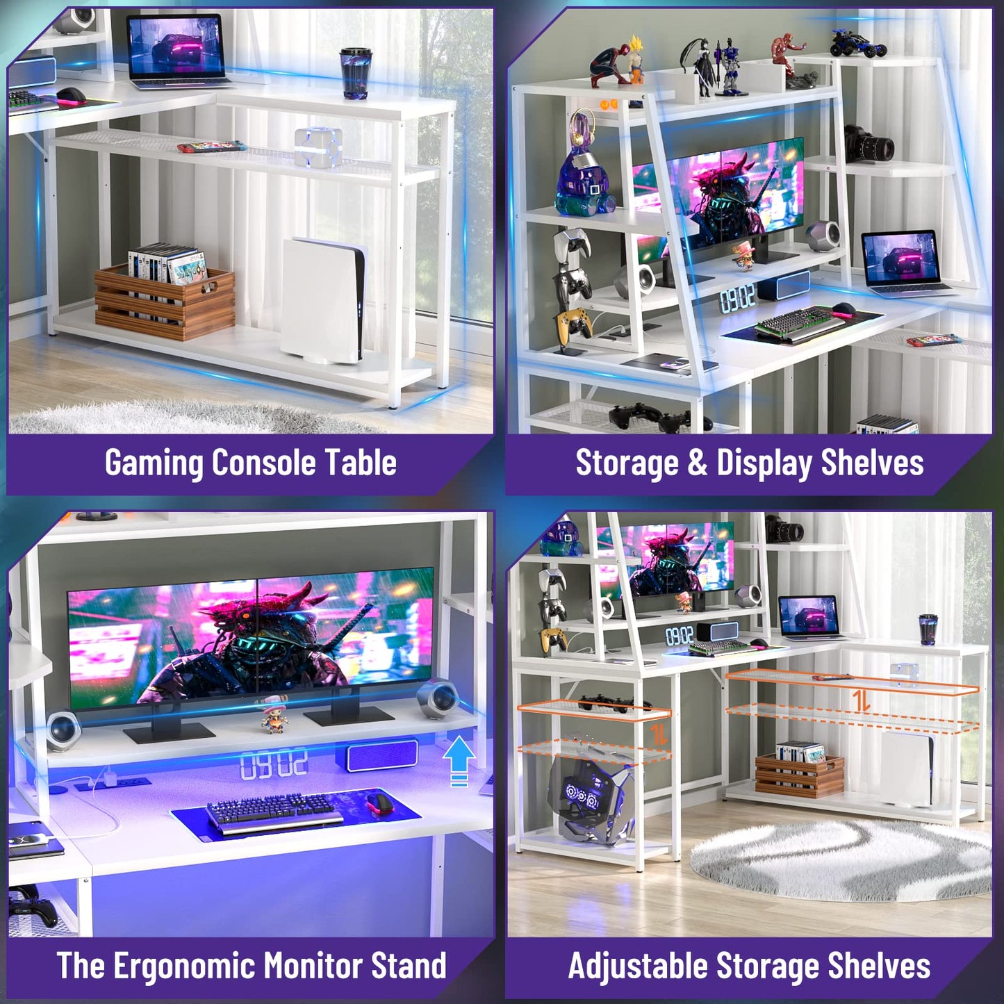 armocity L Shaped Gaming Desk with LED Lights & Power Strips, 63'' Reversible Gaming Table Desk with Hutch, L-shaped PC Gaming Desk with Storage, L Gamer Desk with Monitor Stand & Hook, White