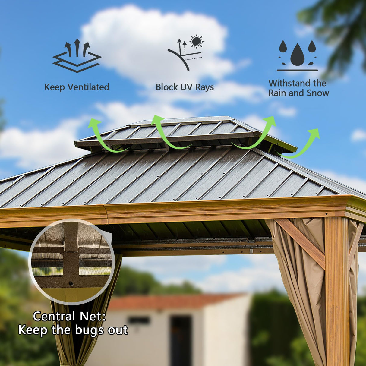 Domi Outdoor Living 10’x12’ Hardtop Gazebo, Wooden Coated Aluminum Frame Canopy with Galvanized Steel Double Roof, Outdoor Permanent Metal Pavilion with Curtains and Netting for Patio, Deck and Lawn domi outdoor living