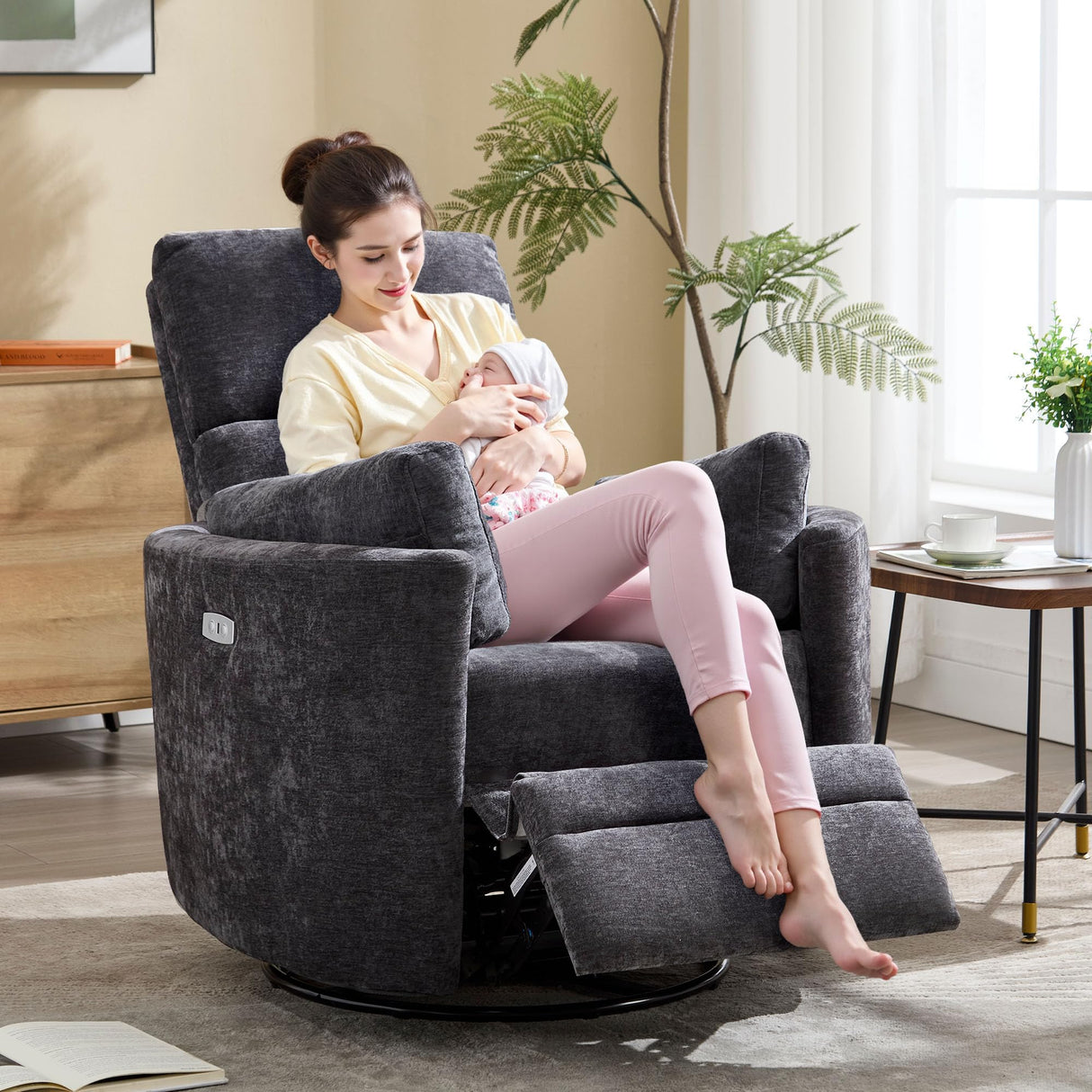 Recliner Swivel Glider Electric Rocking Chair with USB Port,Upholstered High Back Nursery Rocking Chair,Adult Power Recliner Chair with 2 Pillows for Living Room Bedroom(DRAK Grey, Power-Driven) choairy