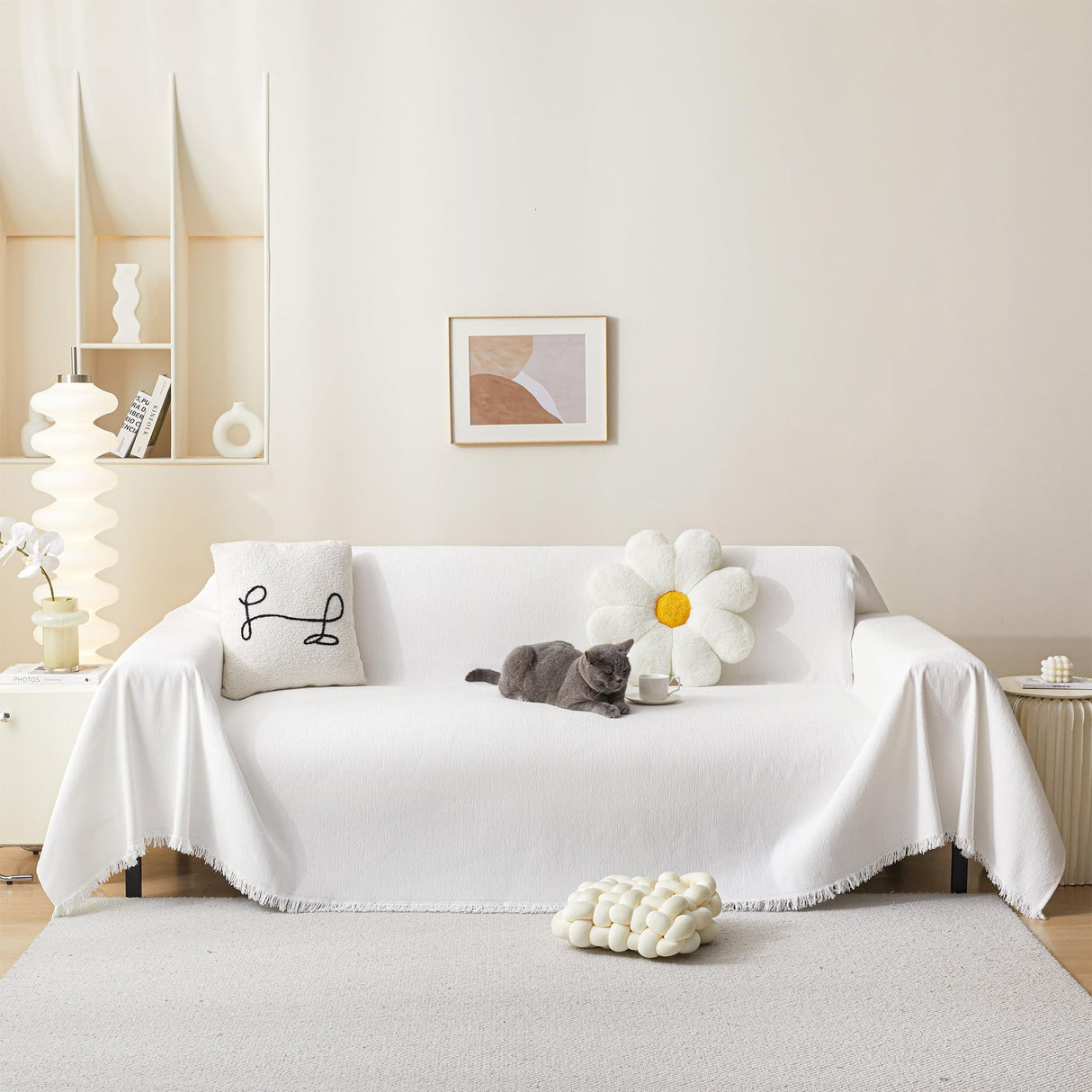 MEETSKY Couch Cover for 3 Cushion Couch Sofa Furniture Protector Sofa Covers Chenille Sectional Couch Covers for Pets Oversized Couch Cover Recliner Sofa Love Seat Covers, 91" x 118", White MEETSKY